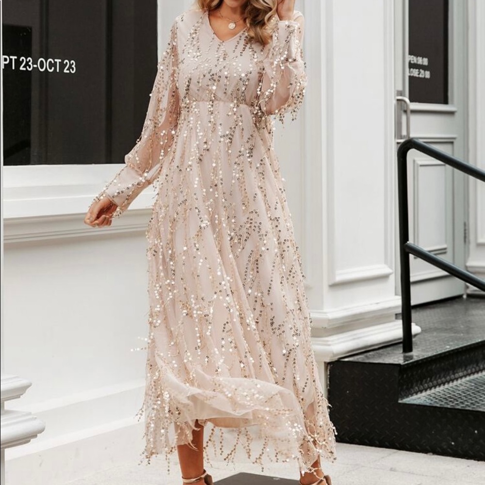 Long sleeve sequined nude colored dress